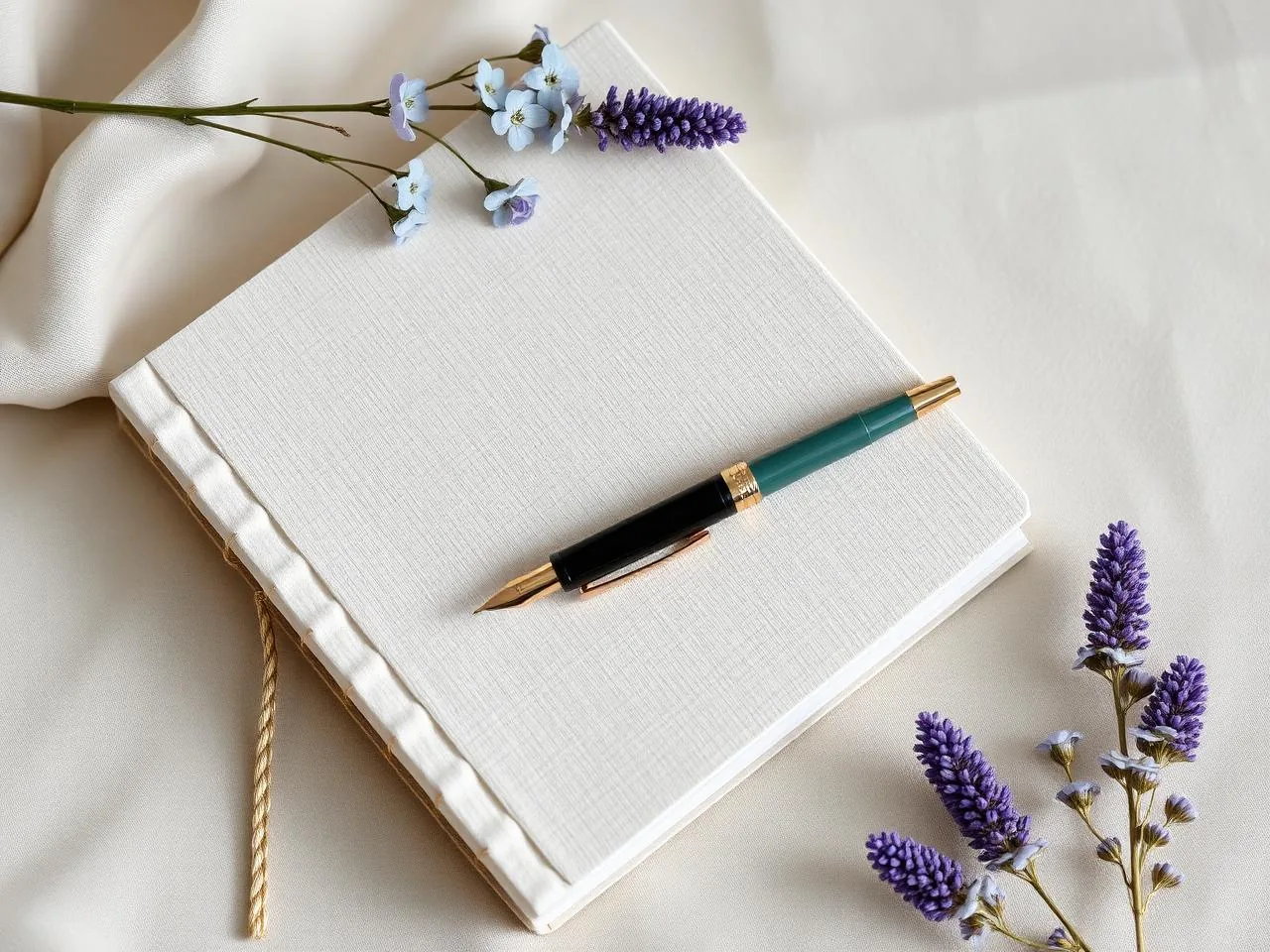 Cream linen journal with forget-me-not flowers and a fountain pen