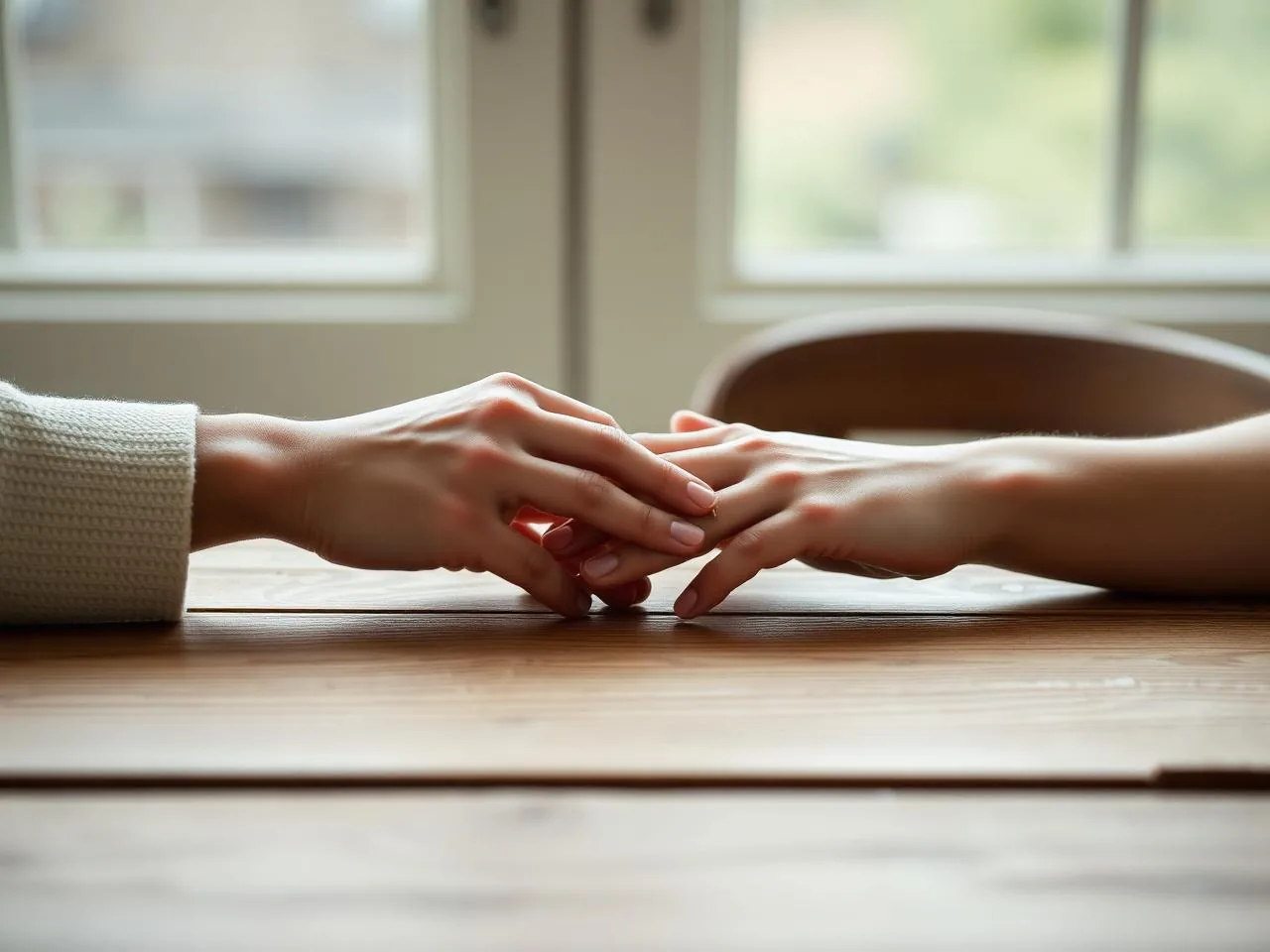 Two hands gently holding each other across a wooden table