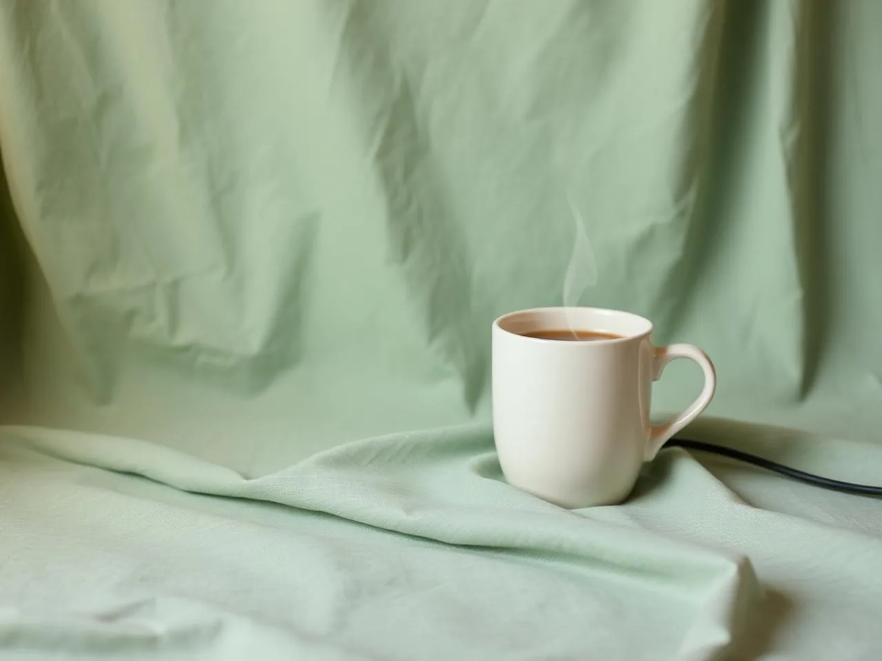 Microphone and warm mug on soft sage linen for a podcast